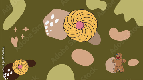 Donut swirl and gingerbread sweets background