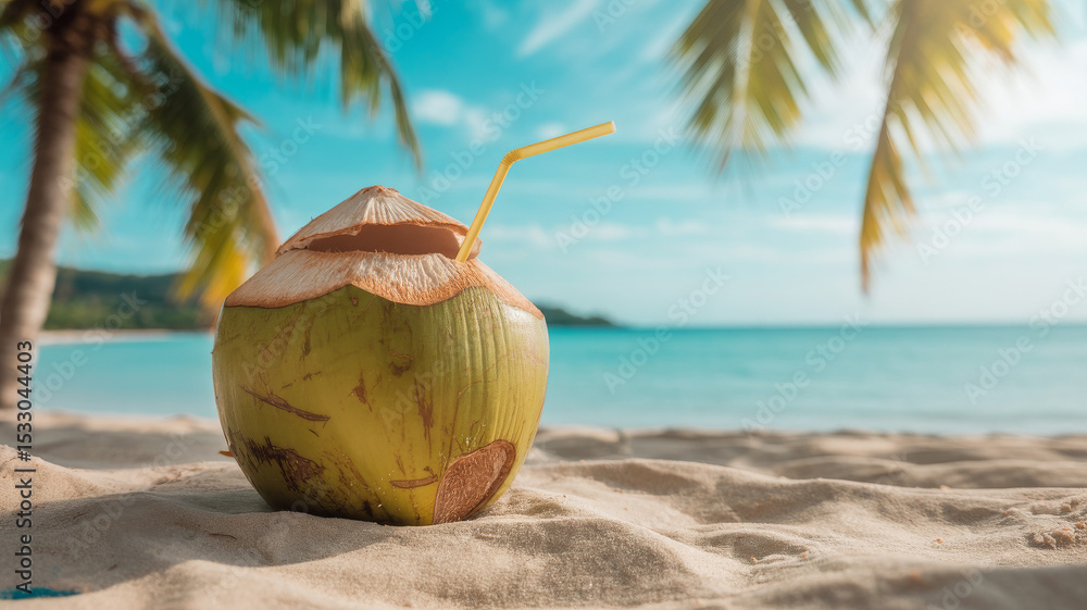 Refreshing coconut drink on a sandy beach with palm trees under a clear blue sky during a sunny day Refreshing coconut drink on a sandy beach with palm trees under a clear blue sky during a sunny day