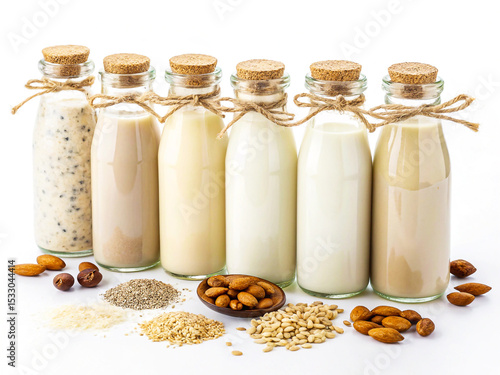 Five creamy plant milk bottles isolated on white background, surrounded by nuts and seeds