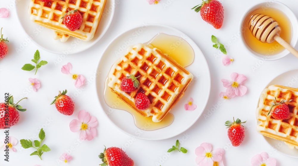 Flat lay of waffles with honey, strawberries, and flowers on white background
Flat lay of waffles with honey, strawberries, and flowers on white background