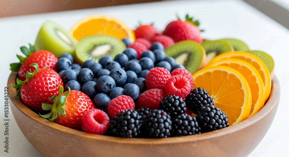 Bowl of fresh mixed fruits on breakfast table Bowl of fresh mixed fruits on breakfast table