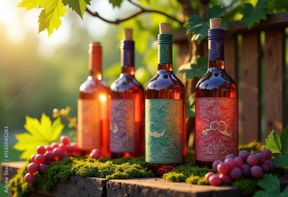 Fototapeta premium vibrant colorful wine bottles arranged artistically rustic wooden crate display, crates, glass, container, red, white, rose, cork, beverage, shadow