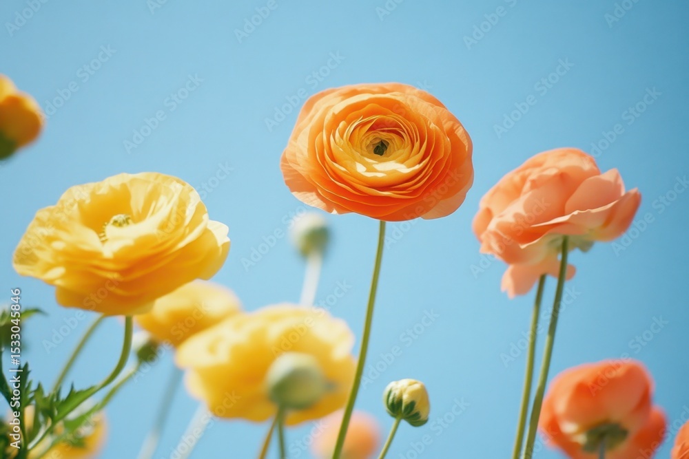Obraz premium orange and yellow ranunculus flowers against a clear blue sky Generative AI