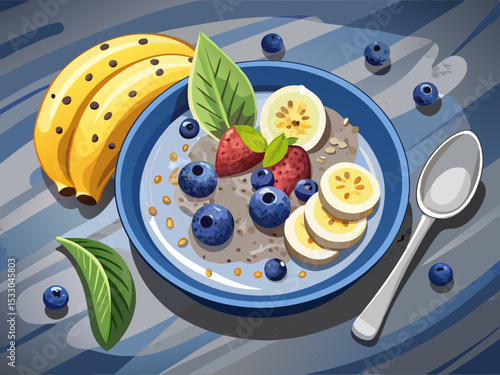vector of Breakfast oatmeal porridge with bananas, blueberries, chia seeds on a gray concrete background. View on the table of healthy food for weight loss...