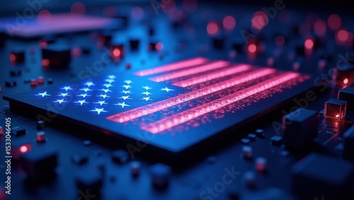 Stylized American flag glowing within a circuit board, symbolizing U.S. technology, cybersecurity, and digital innovation.