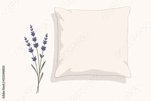 Pillow with lavender sprig on white background representing sleep calm and mental health selfcare