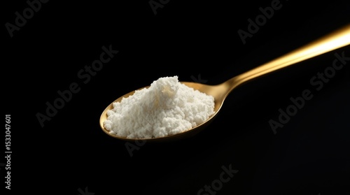 Close-up of White Powder on a Gold Spoon Against Black Background