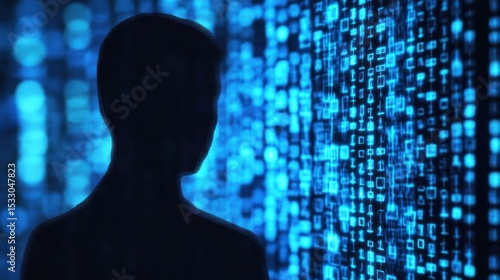 Silhouette person in front of digital code