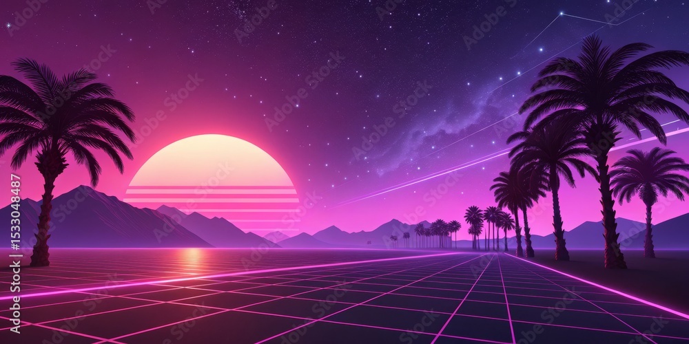 Obraz premium Retro Palms and Neon Grid Synthwave Sunset, aesthetics , 80s