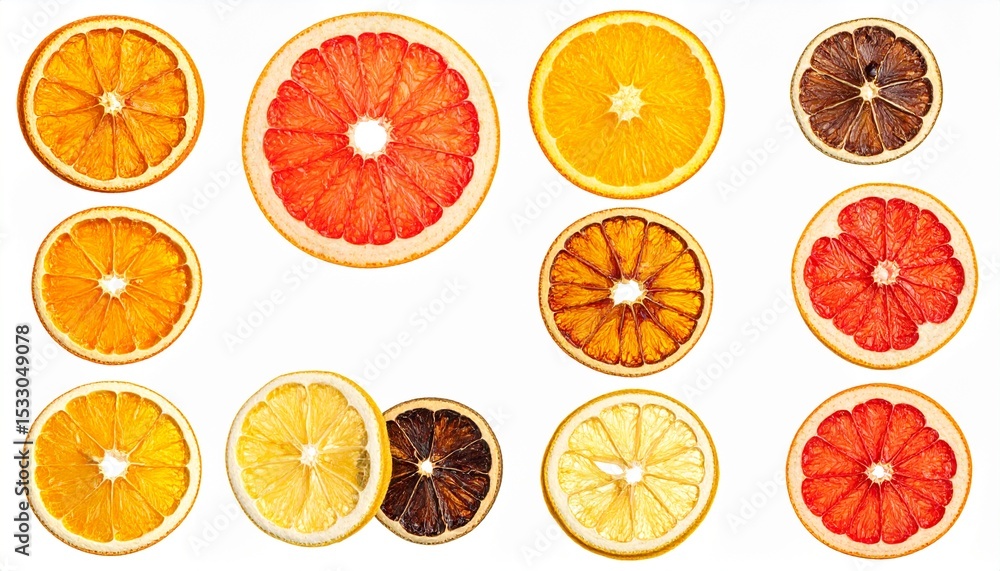 Assortment of dried citrus fruit slices isolated
