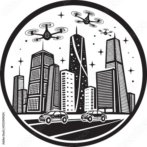 Black vector illustration of a city skyline with urban buildings and skyscrapers