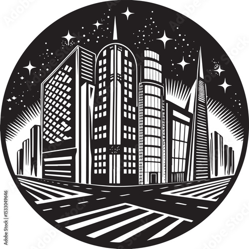 Urban cityscape vector silhouette illustration of a modern town skyline with skyscraper buildings and architecture design at night