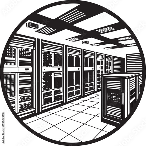 Black and white vector illustration of a modern building icon for business data center network architecture design concept