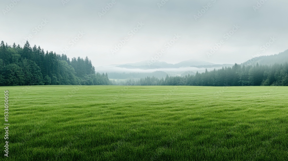 Obraz premium Lush Green Grass Meadow Surrounded by Misty Mountains and Forests