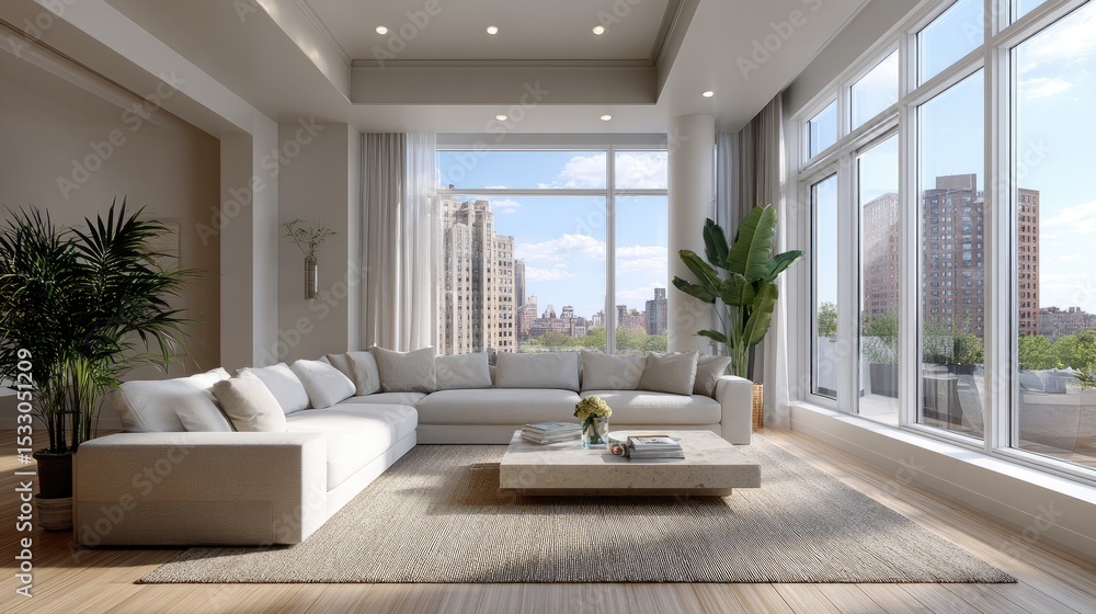 Fototapeta premium Spacious living area offers a serene atmosphere with sunset views, elegant furniture, and modern design featuring large windows