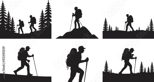 Six Black Silhouettes Hikers Backpacks Mountains Trees