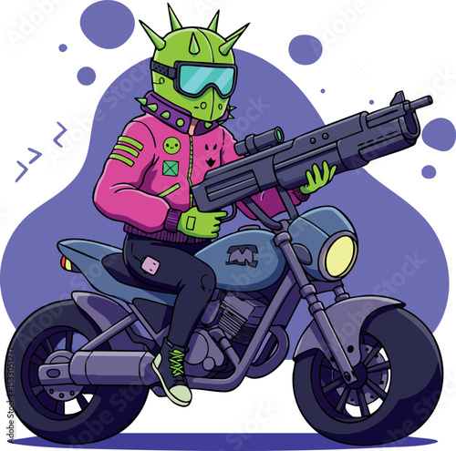 Futuristic biker with spiked helmet riding motorcycle in vibrant neon colors vector illustration 