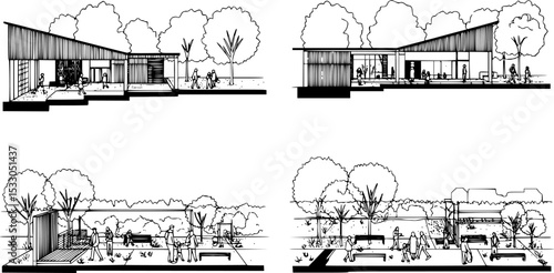 set of forest line cad, minimal isolated on white background. Ground cover. Illustration for elevation architectural element, side view, grass section. Turf coating banners for edging