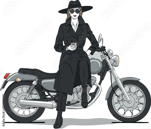 Woman in black trench coat and hat standing with motorcycle stylish urban fashion vector 