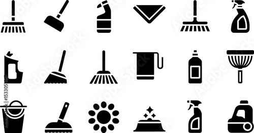 A collection of cleaning supplies and tools arranged in a grid on a white background