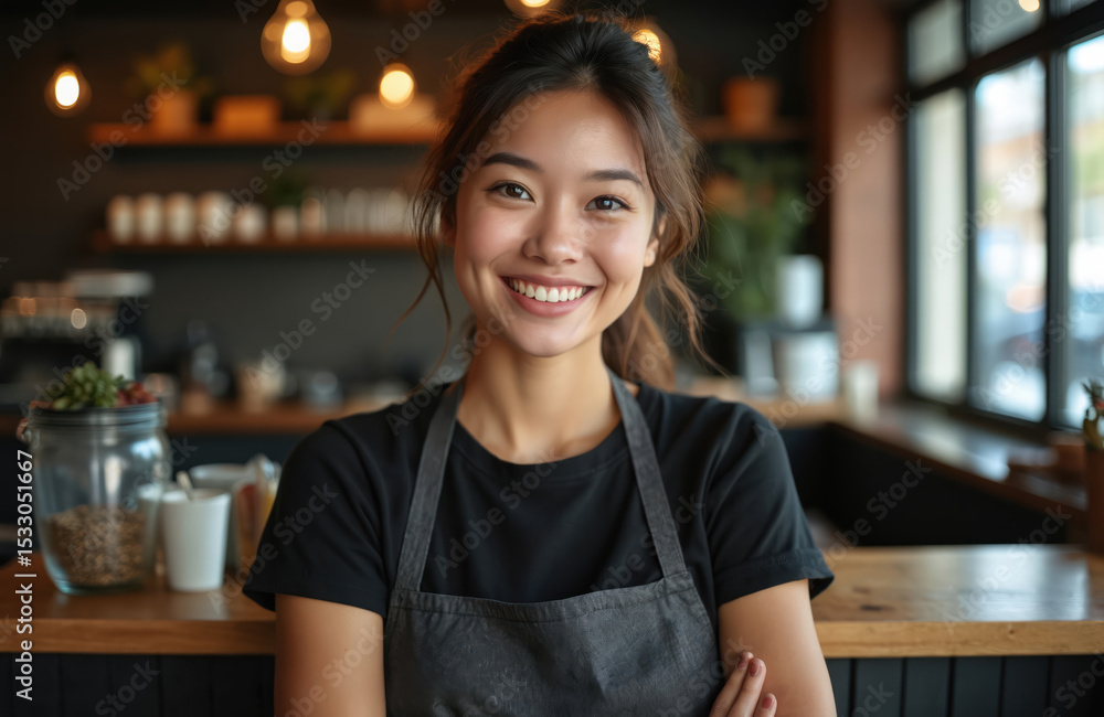 Smiling young woman in cafe, wearing black t-shirt and apron. Happy female barista or waitress stands arms crossed. Cafe interior, lights background. Modern business, service industry. Smiling young woman in cafe, wearing black t-shirt and apron. Happy female barista or waitress stands arms crossed. Cafe interior, lights background. Modern business, service industry.