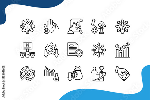 Business risk icon set with marketing, floods, inadequate profits, raw materials, strikes, prices and loss of assets