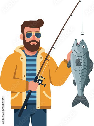 Man holding fishing rod with caught fish wearing yellow jacket and sunglasses vector illustration 