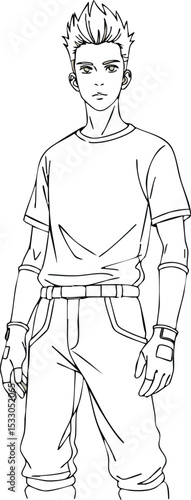 Young male character with spiky hair wearing casual t-shirt and gloves standing vector illustration 