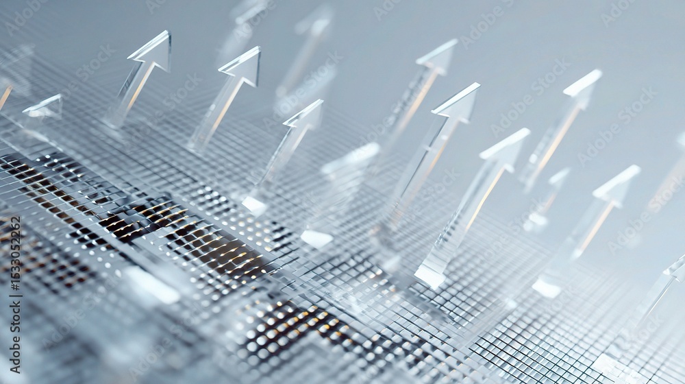 Obraz premium Semi-Transparent 3D Mesh with Rising Bars and Arrows Concept