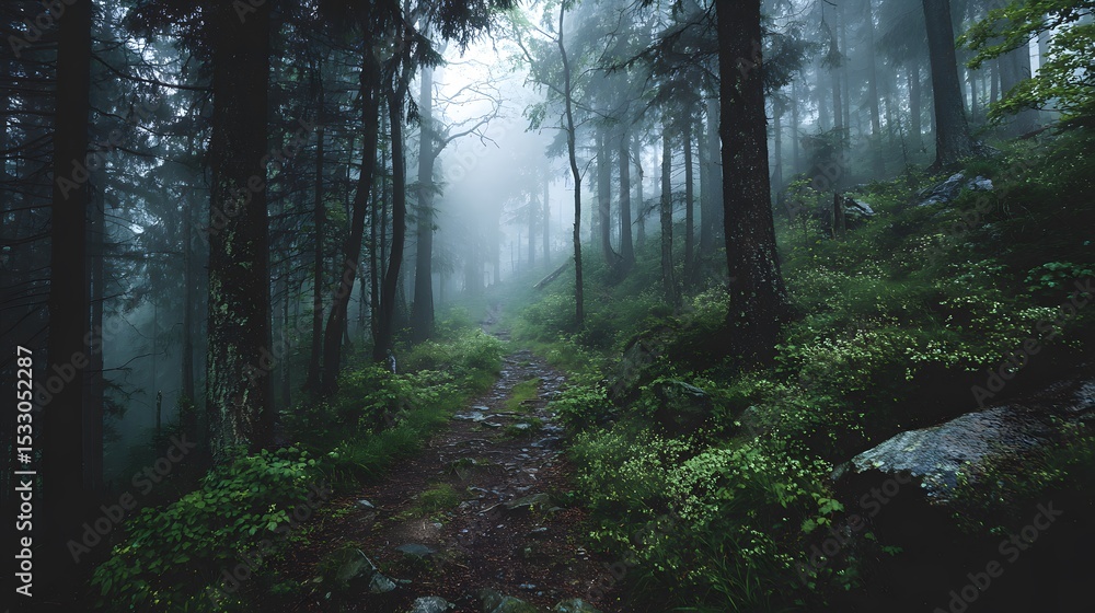 Naklejka premium Misty trail winding through an ancient, shadowy forest hidden beneath a thick blanket of fog