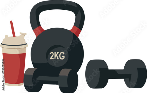 Kettlebell dumbbell and protein shake fitness vector illustration for workout routine 