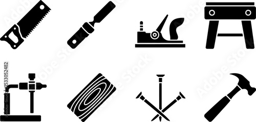 Illustration of woodworking tools including a saw chisel plane workbench and more in black