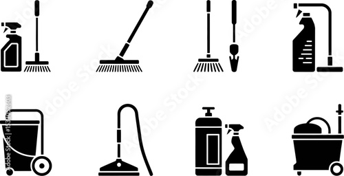 Illustration of cleaning supplies including mops, buckets, spray bottles, and a vacuum cleaner