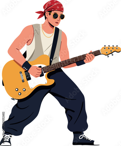 Male guitarist playing electric guitar wearing bandana and sunglasses vector illustration 