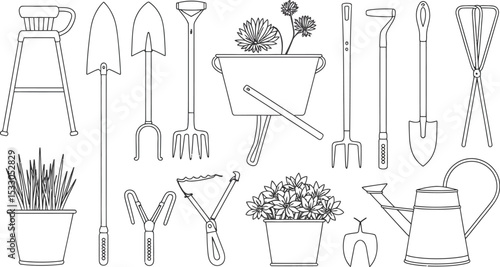 Outline illustration of various gardening tools including shovels rakes and watering can tools