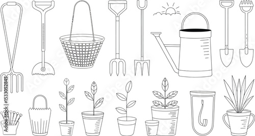 Outline drawing of gardening tools including rakes shovels watering can and potted plants