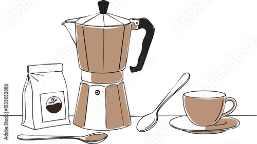 Coffee maker with cup, saucer, spoon and coffee bag vector illustration in brown and black colors 