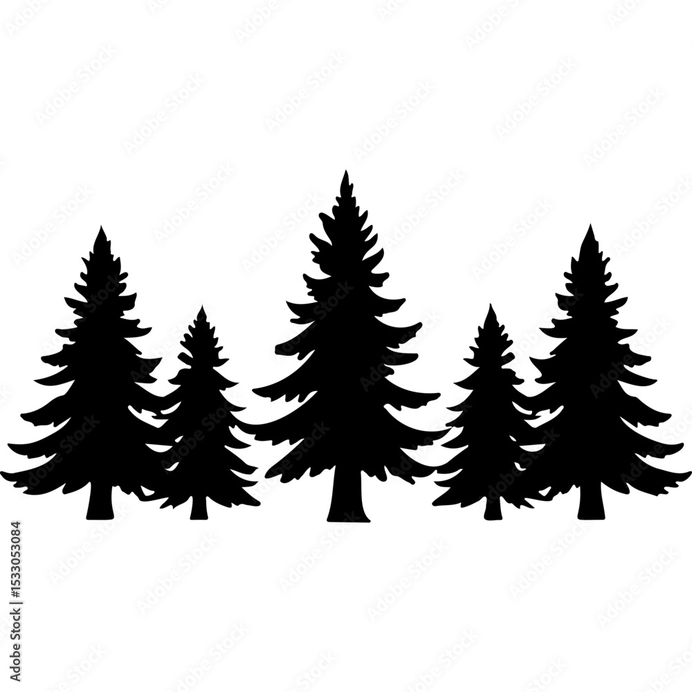 Obraz premium Black Conifer Tree Silhouettes in a Row on White