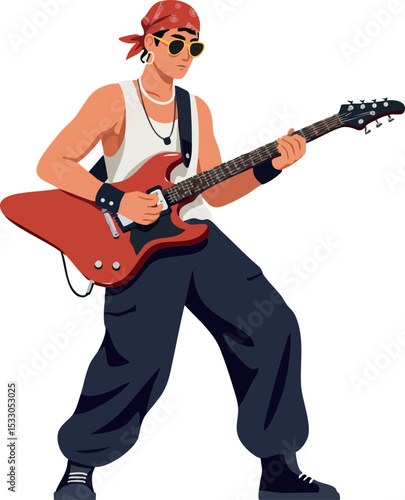 Young man playing electric guitar in casual style with bandana and sunglasses vector illustration 