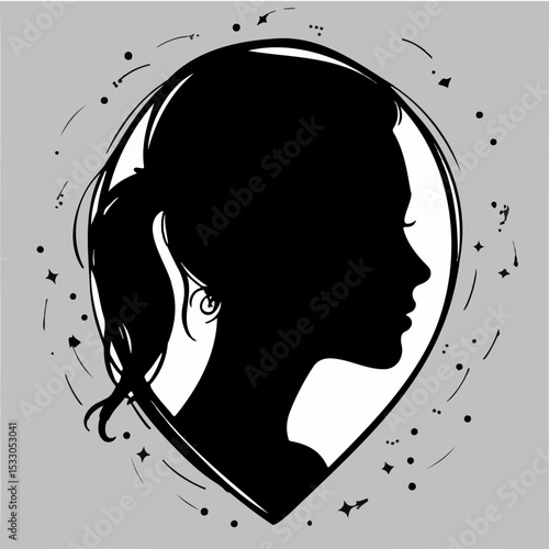 Silhouette of woman with flowing hair in artistic design on grey background  