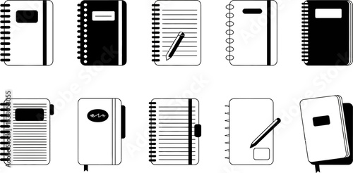 Ten notebook illustrations in black and white showing different styles and binding methods used