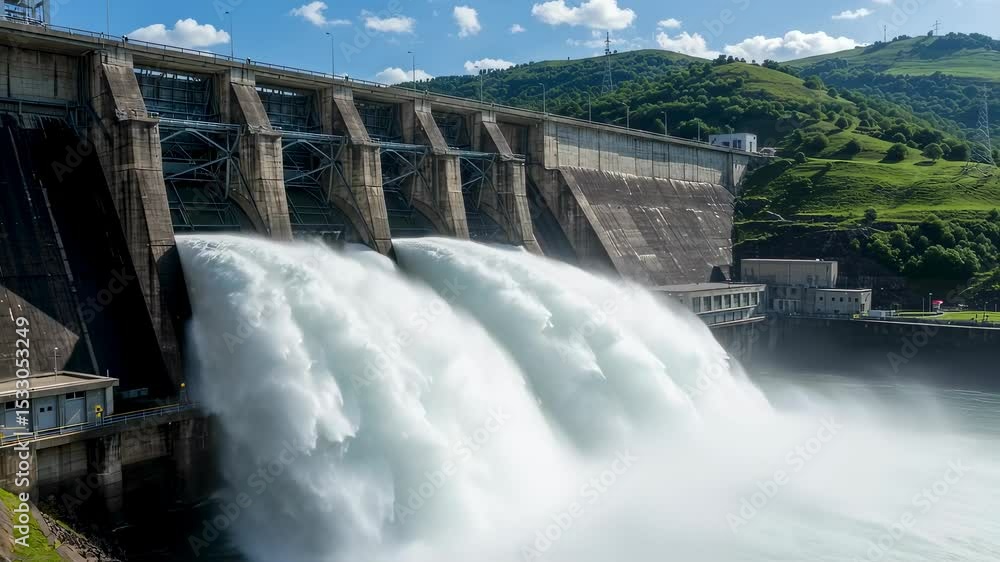 Hydroelectric dam releasing water from reservoir gates. Renewable green energy generation station. Hydropower plant producing electricity footage. Hydroelectric dam releasing water from reservoir gates. Renewable green energy generation station. Hydropower plant producing electricity footage.