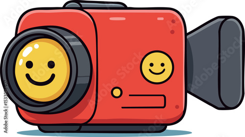 Red vintage video camera with smiling face lens and cheerful expression vector illustration 
