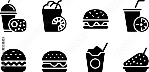 Black and white vector icons of fast food items including burgers drinks and a pastry item set up nicely