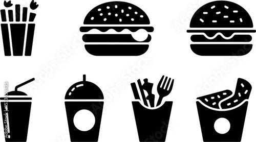 Black and white graphic illustration of fast food items including burgers fries and drinks