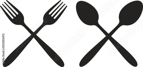 Illustration of crossed forks and spoons in black silhouette on a white background design element