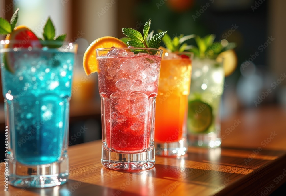 Naklejka premium chilled colorful cocktails crystal clear glassware refreshing beverage arrangement fragrant garnishes vibrant alcohol mixology presentation, ice, liquid