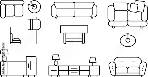 Illustration showing various furniture items including sofas tables chairs and cabinets in black outline
