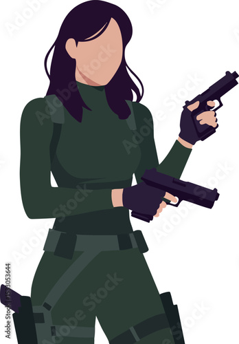 Female soldier holding two pistols in tactical green outfit vector illustration 