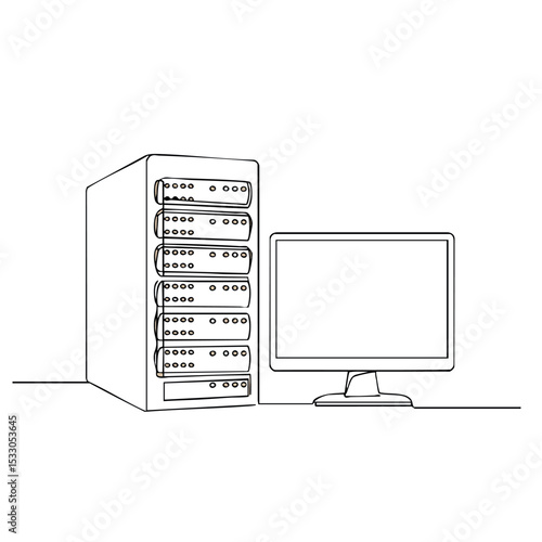 Computer server with monitor line art vector illustration technology concept